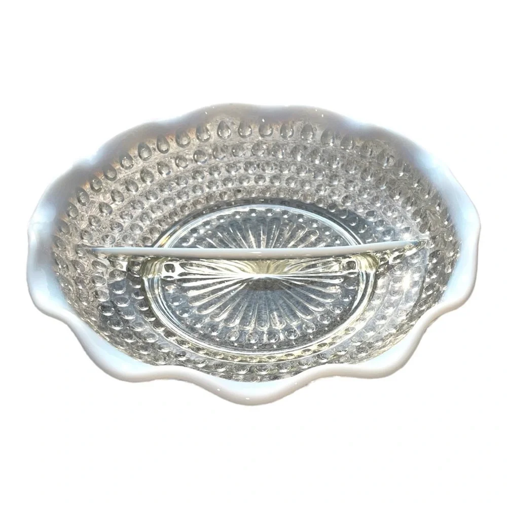 ANCHOR Hocking divided dish, hob nail, ruffle edge, excellent condition, vintage